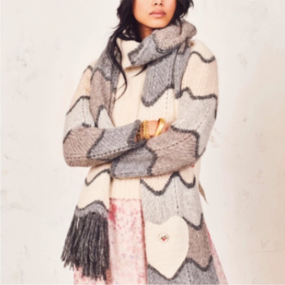 Love Shack Fancy Evie Wool Heart Zig Zag Scarf
